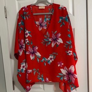 Women's Red Floral V-Neck Blouse with Pink Accents